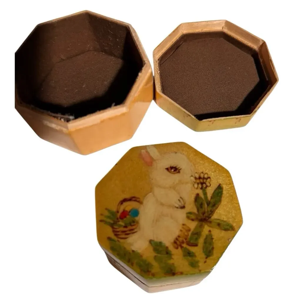 Vintage Octagon Wooden Trinket Box Decoupaged Easter Bunny Rabbit